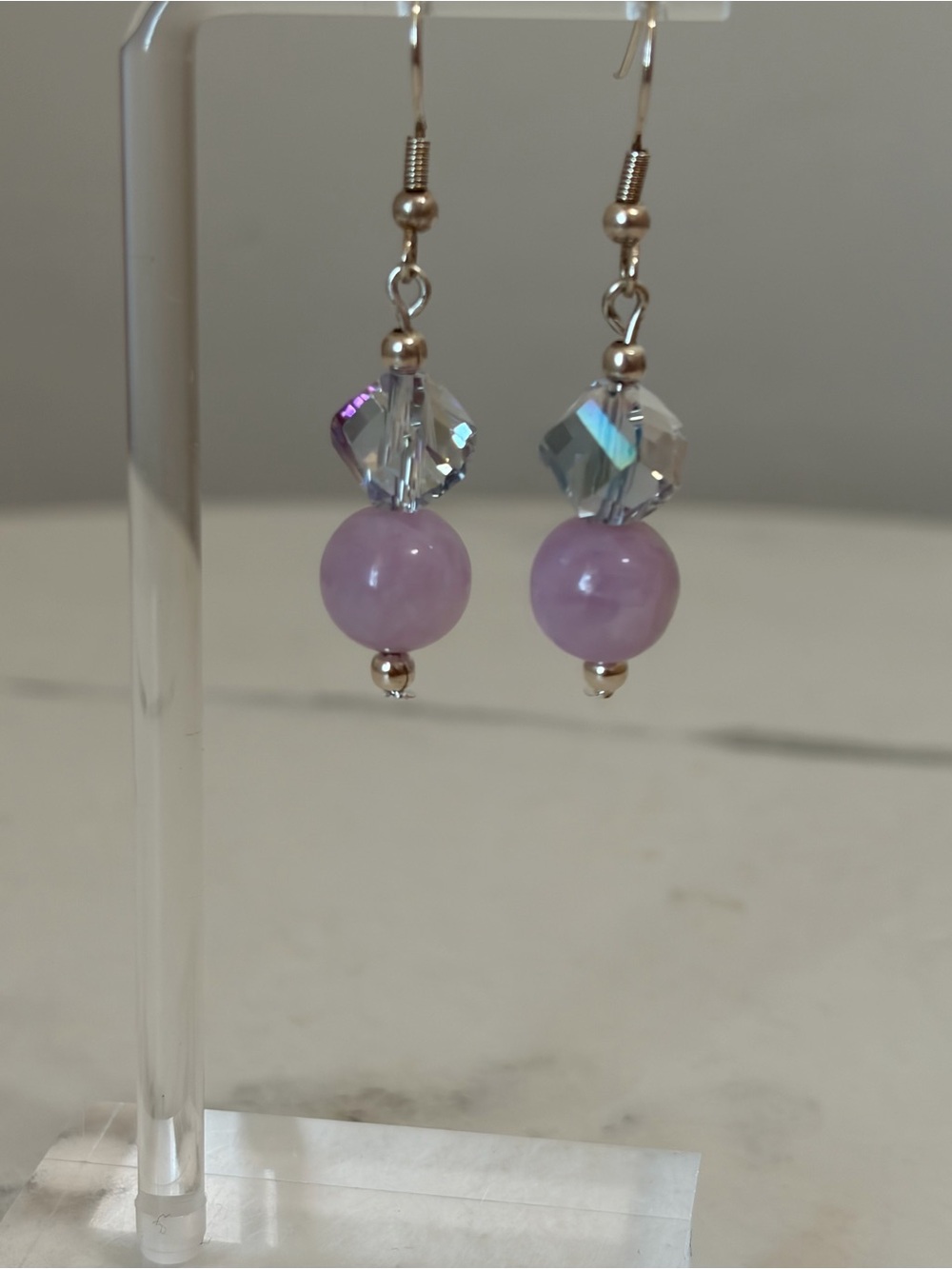 AB Multifaceted Glass and Kunzite Earrings - Picture 6 of 8